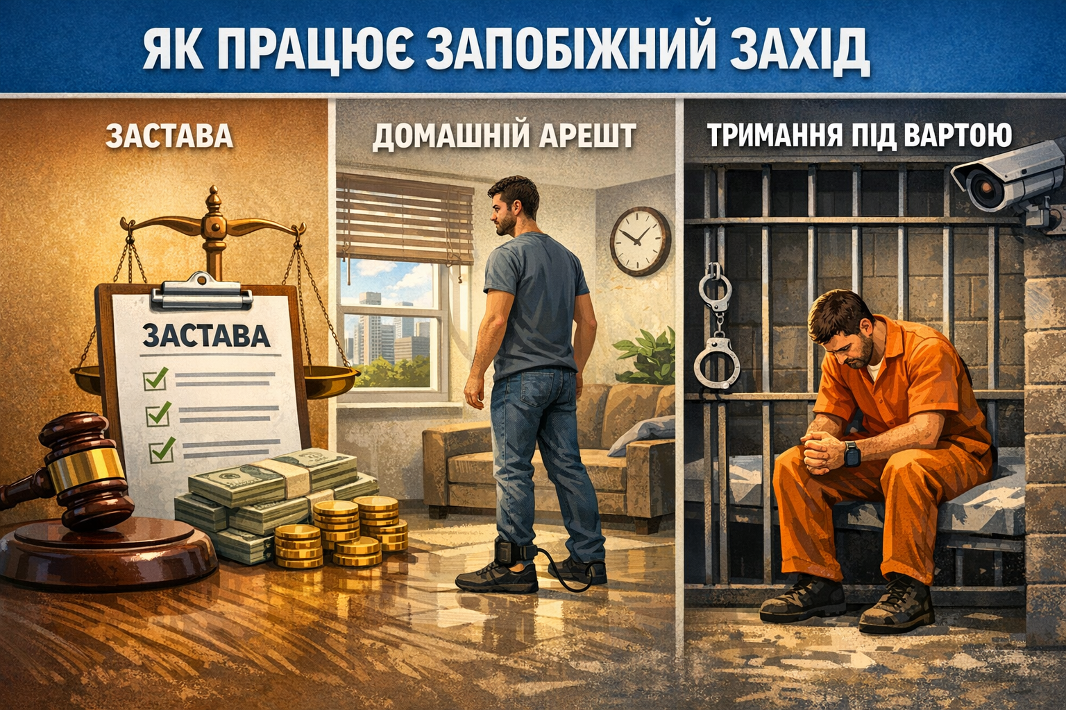Як працює запобіжний захід: застава, домашній арешт, тримання під вартою
